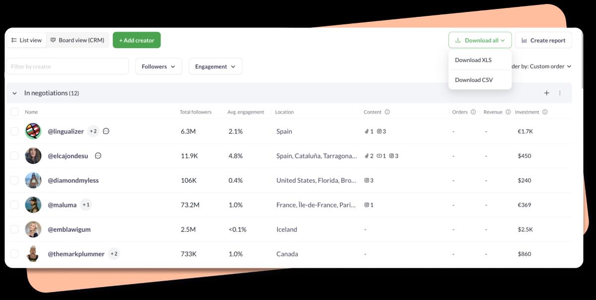 Download icon showing export of an influencer list in CSV format